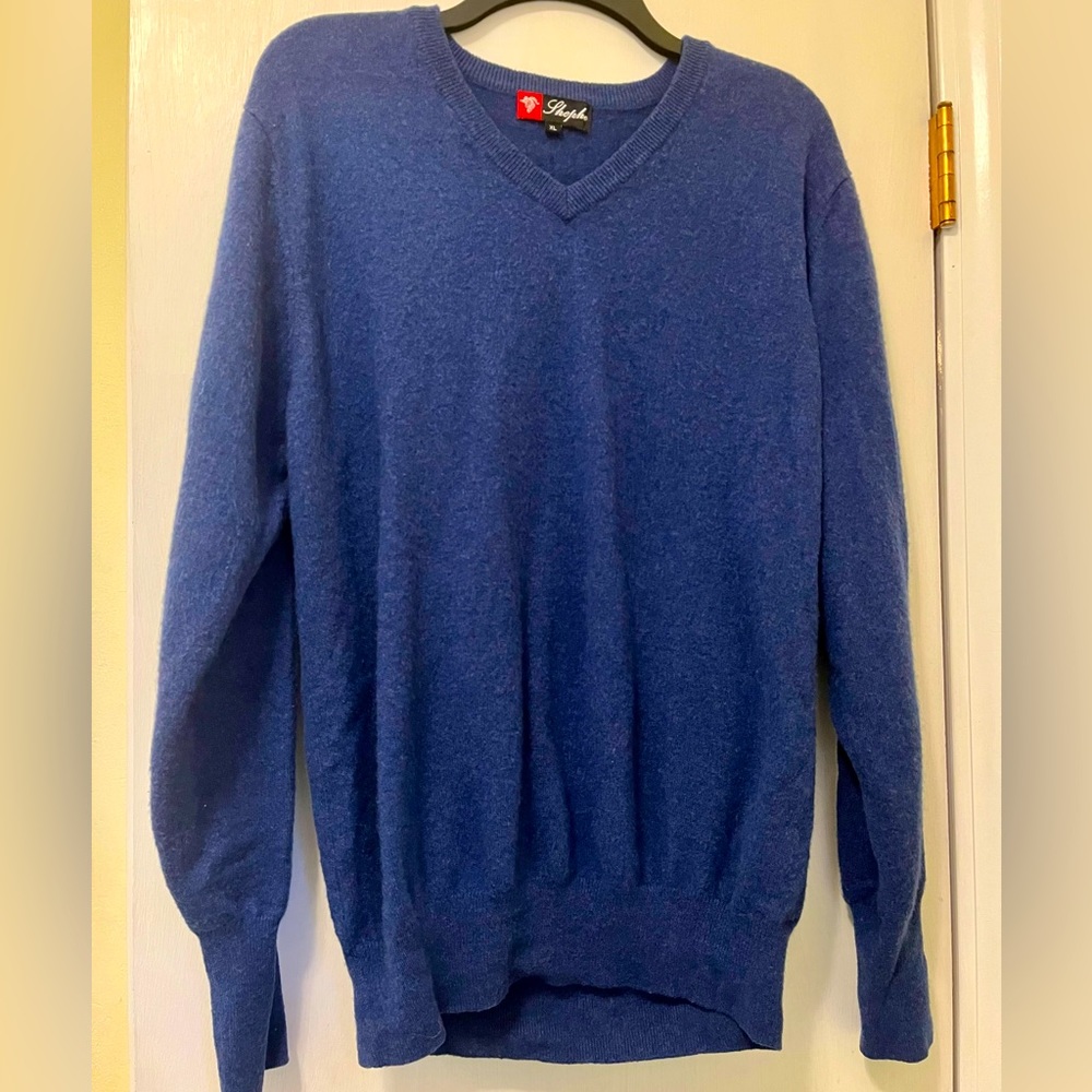 100% Cashmere Super Soft V Neck Blue Long Sleeve Preppy Sweater Men’s Size XL